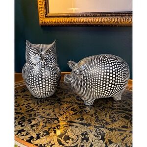 Pier 1 Imports Black &‎ White Polka Dot Pig and Owl Figurine Set